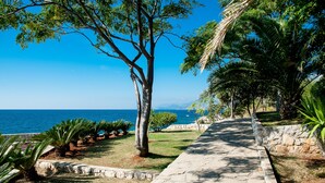 A stone pathway leading to a beach with palm trees and a clear blue sky. - Open Sea Luxury Apartments (Utjeha)