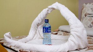 A towel arranged in a swan shape with a water bottle in the center. - Diamond Rock Resort & Guest House (Kakamega)
