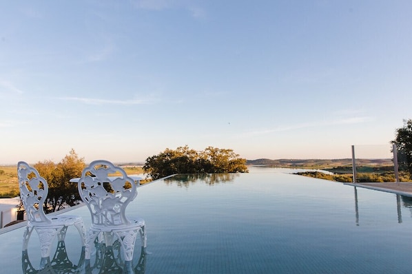 An infinity pool with a clear view of a distant tree-lined landscape.