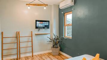 A room with a wooden ladder, a mounted TV, a window with a view, and a plant.