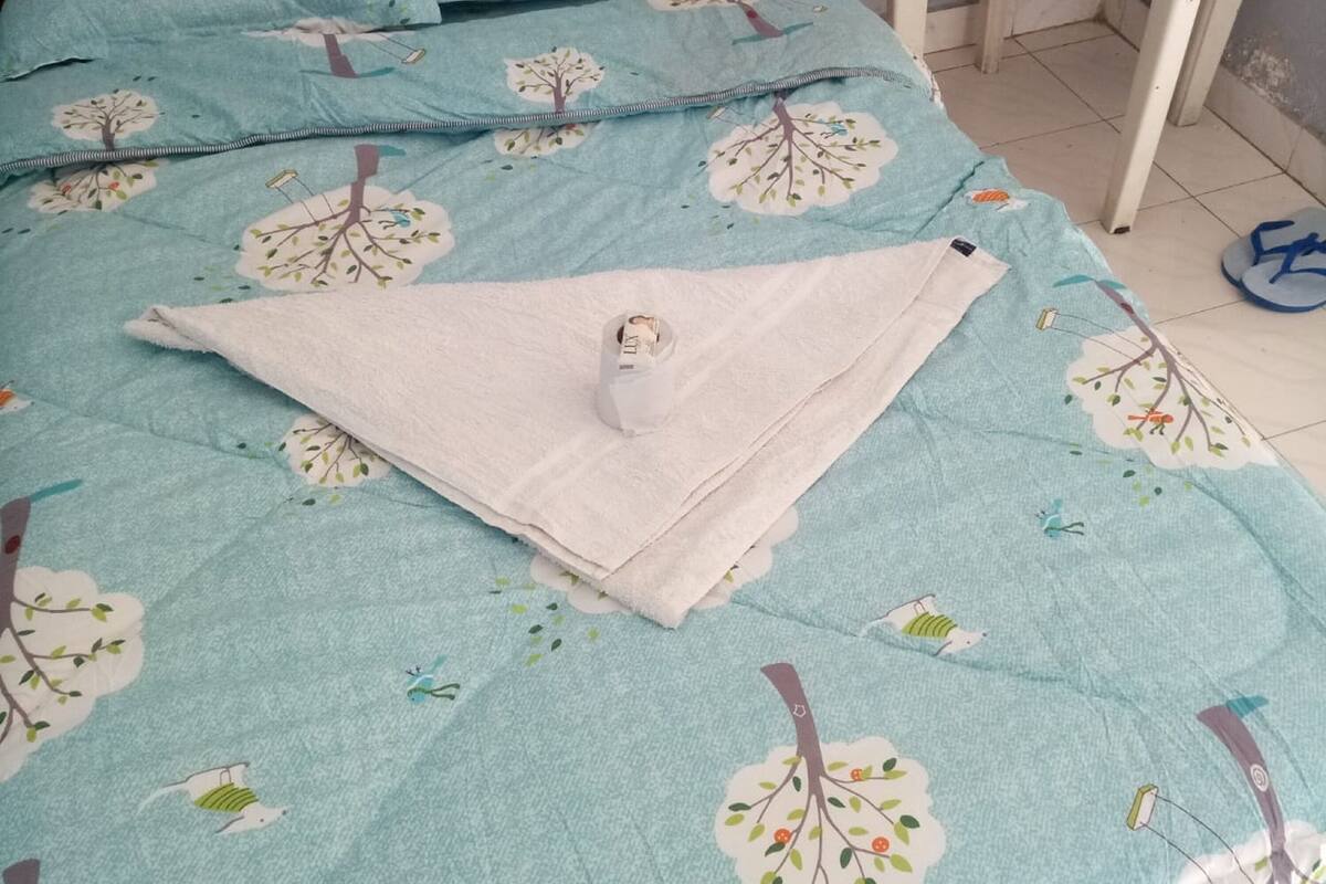A bed with a blue floral bedspread and a white pillow.