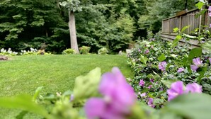 A lush garden with a wooden fence, a red umbrella, and various green plants.