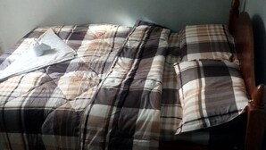 Ein Einzelbett mit Karo-Bettdecke und Kissen, ein Holz-Kopfteil und eine schlichte Wand.