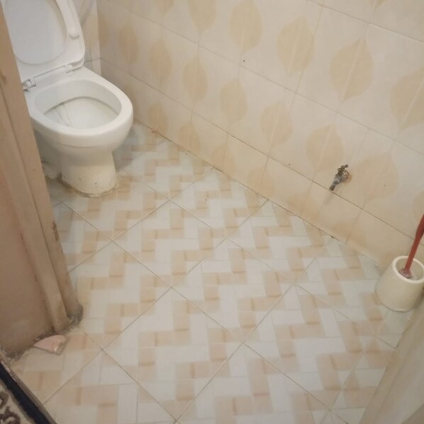 A bathroom with a toilet, patterned tiles, and a mop.