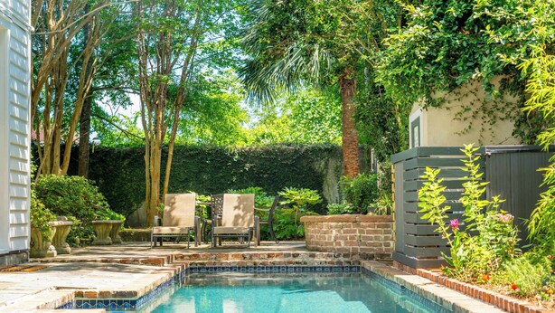A swimming pool with tiled edges, surrounded by a garden with trees and plants. - Bright & Secluded Apartment with Pool Access (Charleston)