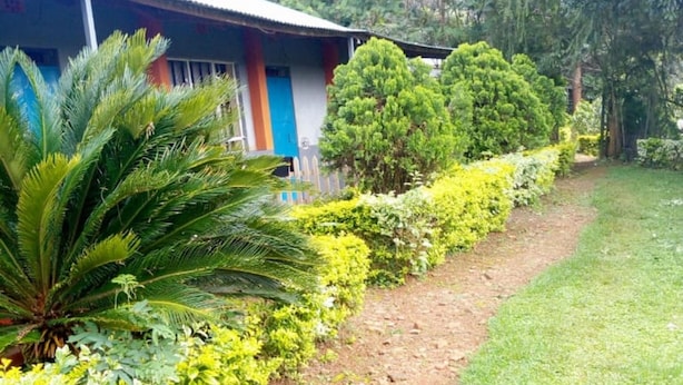 A building with a blue and orange facade, surrounded by lush greenery and a well-maintained garden. - Wamagach Kahua- Ini Hotel (Nyeri)