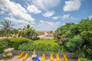 Relax in a serene oceanfront setting surrounded by lush greenery and comfortable lounge chairs.