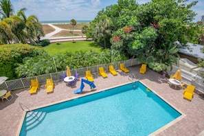 Relax by the pool surrounded by lush greenery and palm trees, with a paved walkway leading to the beach.