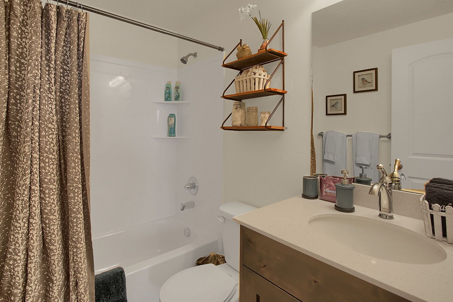Combined shower/bathtub, hair dryer, towels, soap