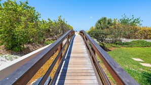 A wooden boardwalk leading through a landscaped area with various plants and trees.