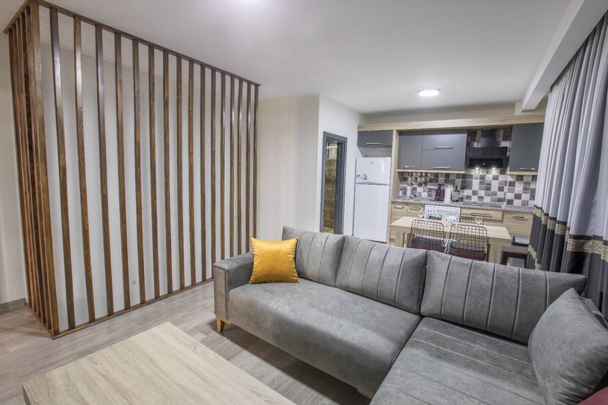 A modern living room with a grey sofa, a wooden partition, and a kitchen in the background.
