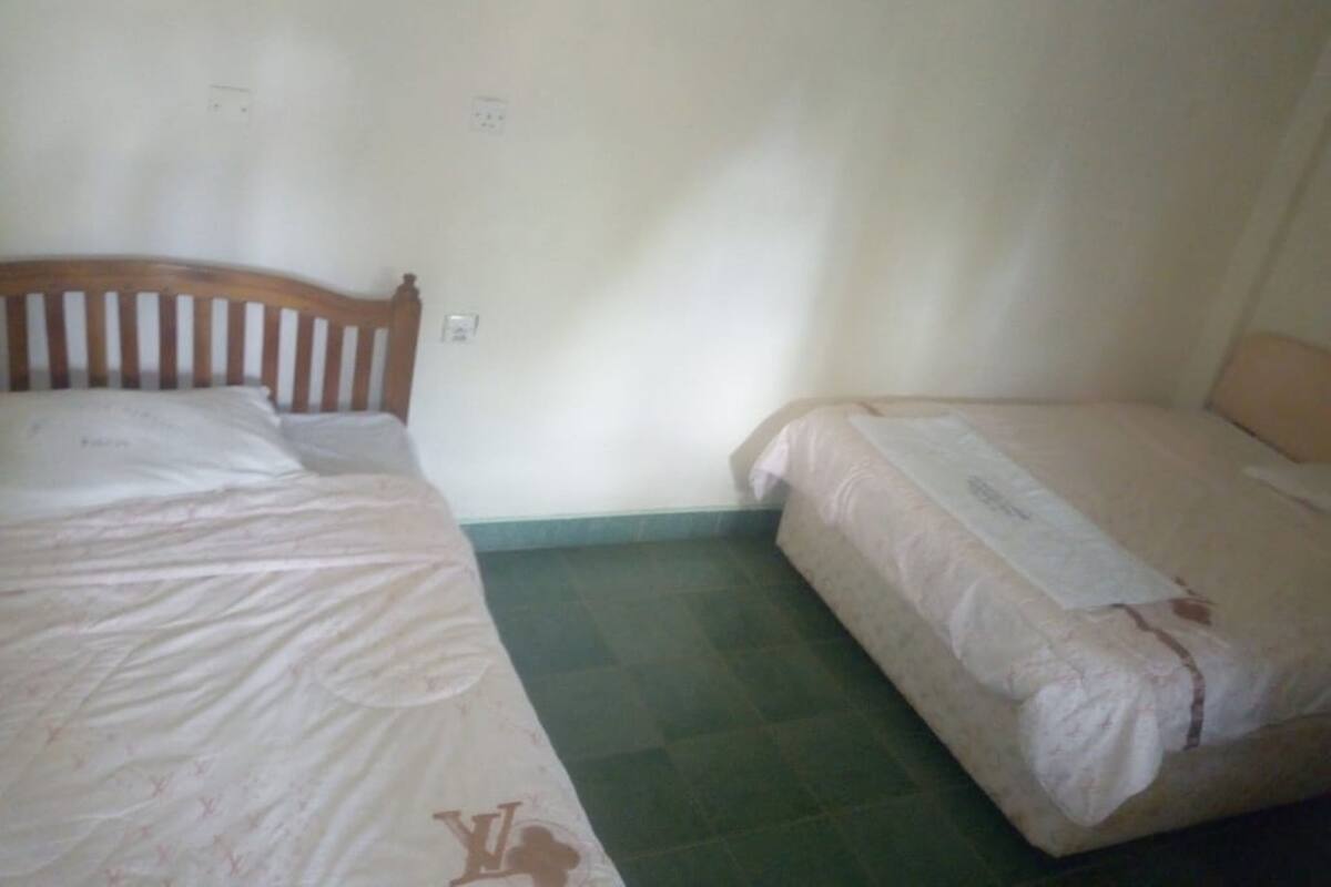 Two single beds with wooden headboards in a room with plain walls and a green floor.