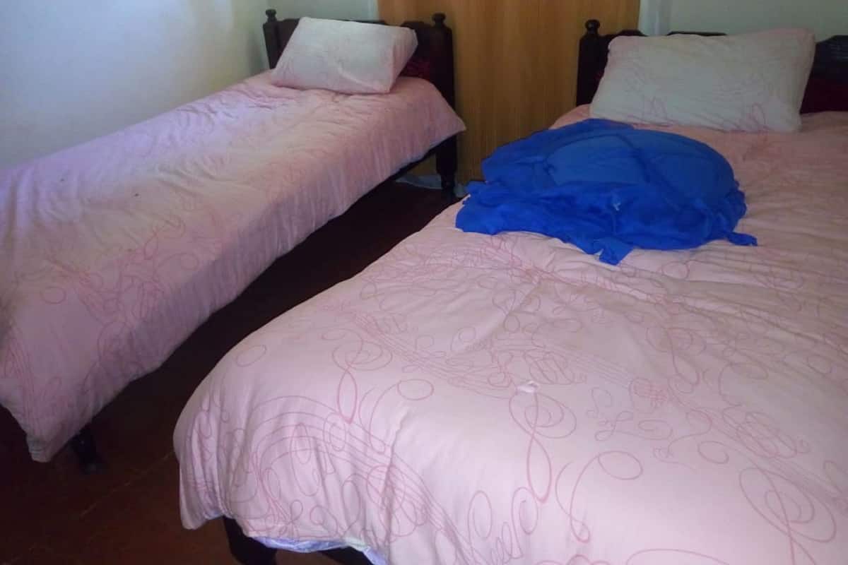 Una habitación con dos camas individuales, cada una con cabecero de madera y colcha rosa.