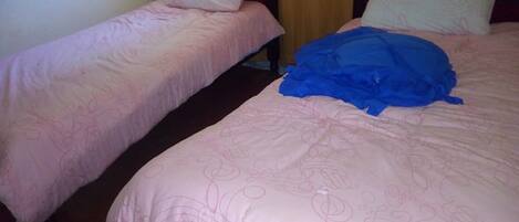 Una habitación con dos camas individuales, cada una con cabecero de madera y colcha rosa.