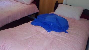 Un dormitorio con dos camas individuales, cada una con una colcha rosa y almohadas blancas.