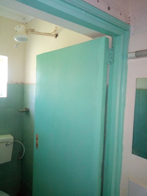 A bathroom with a teal door, a toilet, and a shower area.
