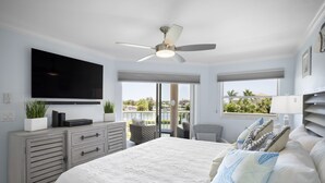 Quarto com cama grande, ventoinha no teto, televisão e vista para o exterior.