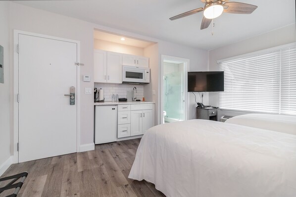 Habitación de hotel con cama, televisión, ventilador de techo, kitchenette y ducha.