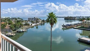 Uma marina com barcos atracados, uma palmeira e edifícios ao fundo.