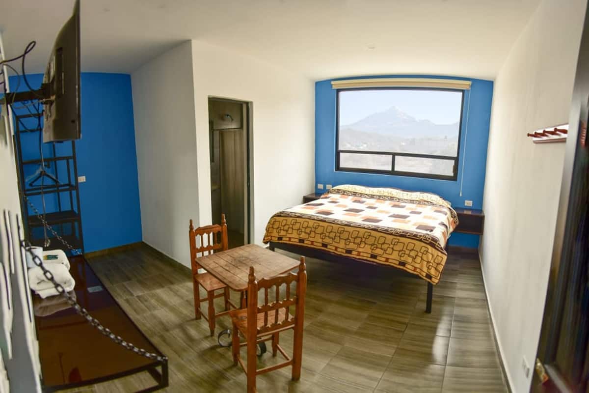A bedroom with a bed, a table, chairs, a TV, and a window with a mountain view.