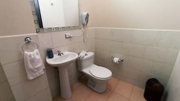 Secadora de cabello, toallas, papel de baño