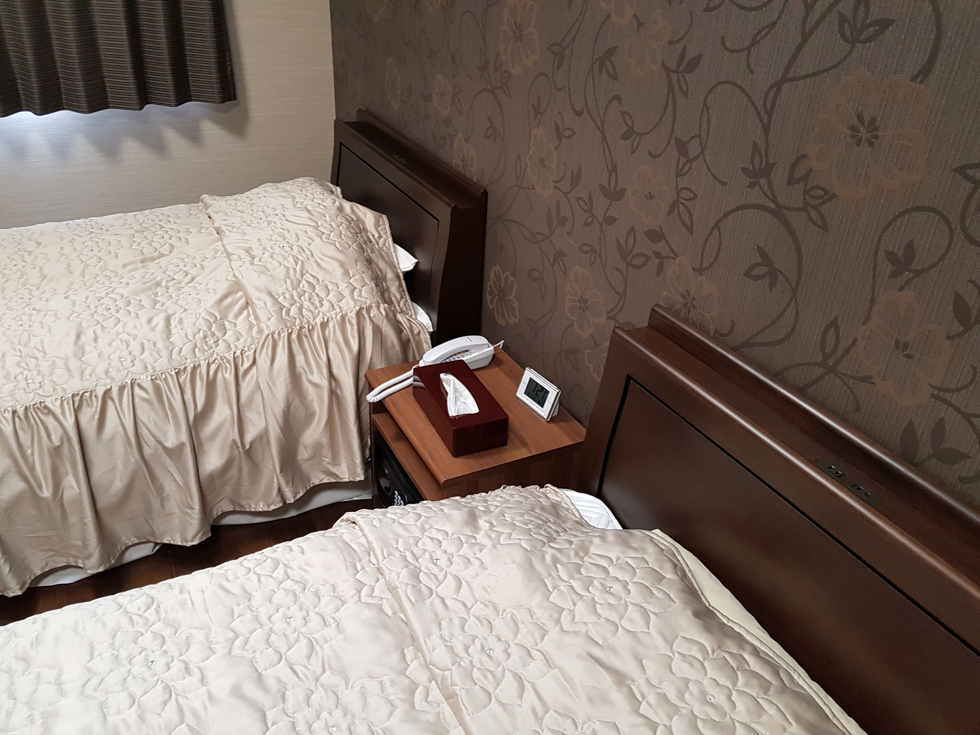 A hotel room with two beds, a bedside table with a phone, a tissue box, and a digital clock.