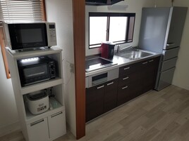 Full-size fridge, microwave, toaster