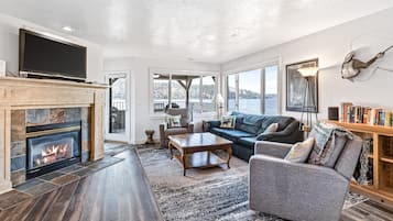 Televisión, chimenea, reproductor de DVD y libros