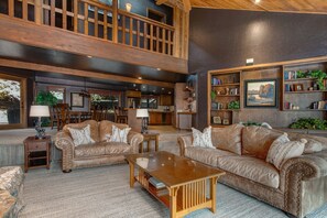 TV, fireplace, books, offices