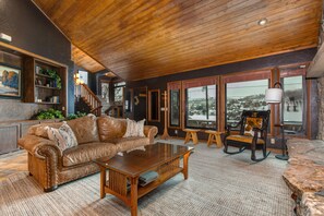 TV, fireplace, books, offices