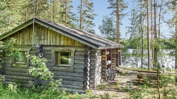 A rustic log cabin with a chimney, surrounded by tall pine trees and a clear sky.