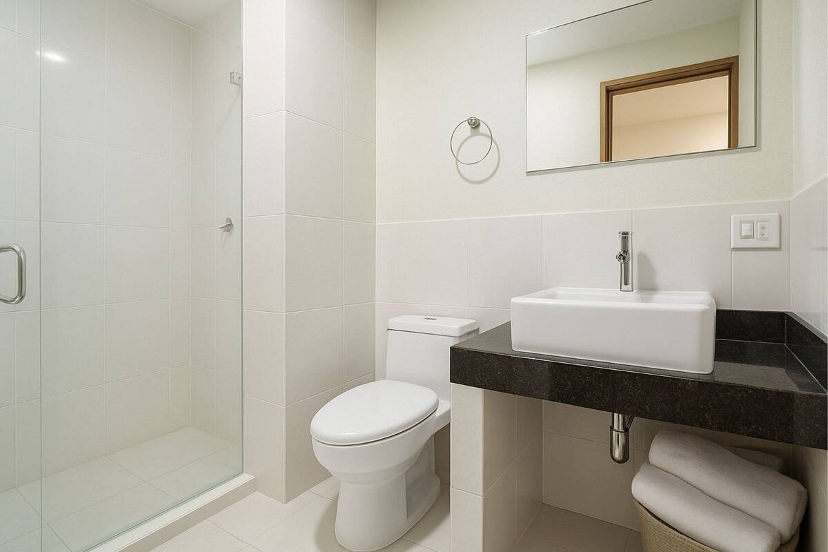 shower, free toiletries, hair dryer, towels