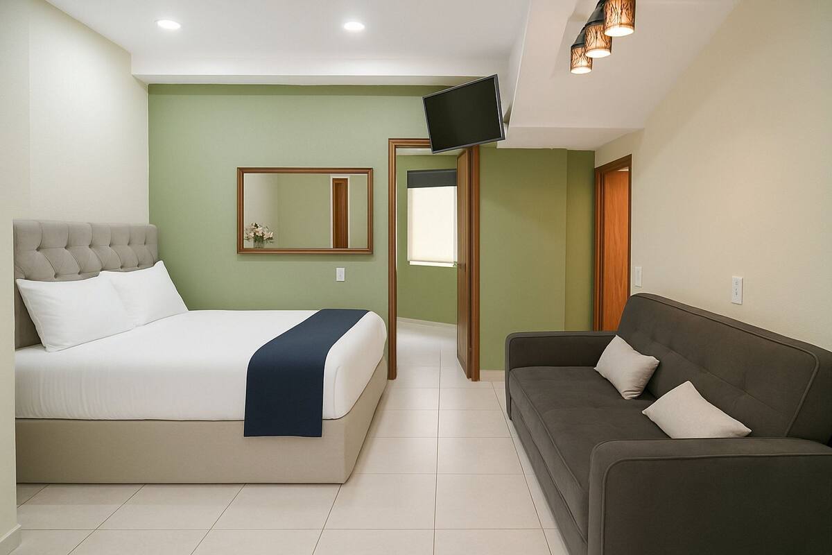 A hotel room with a bed, a sofa, a television mounted on the wall, and a mirror.