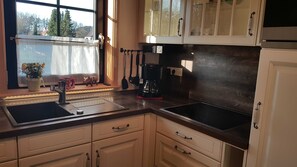 Fridge, microwave, oven, coffee/tea maker