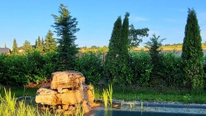 A swimming pool with a rock formation and tall grass in the foreground, surrounded by trees and a clear sky. - Hunting lodge - Steirer-Hof (Vöhl)