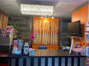 A hotel reception area with a wooden counter, a television, a decorative wall with vertical patterns, and various informational brochures. - Cabin-like Studio Motel Suite (Big Indian)