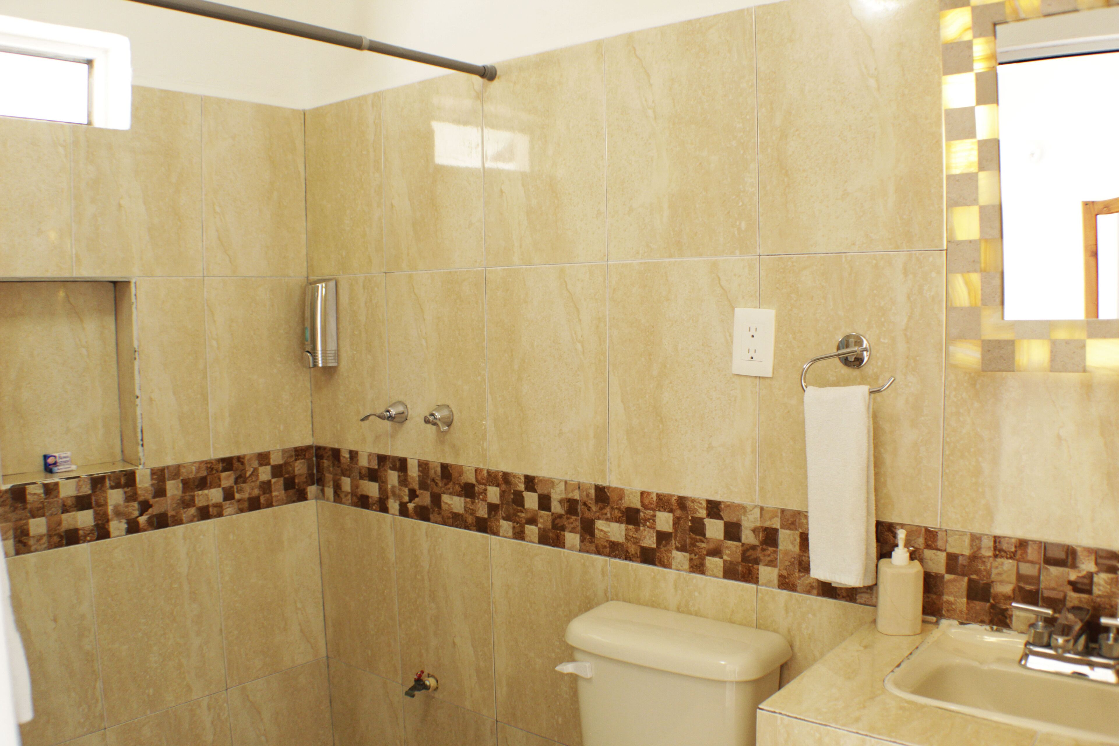 standard room | bathroom | shower, towels, soap, shampoo