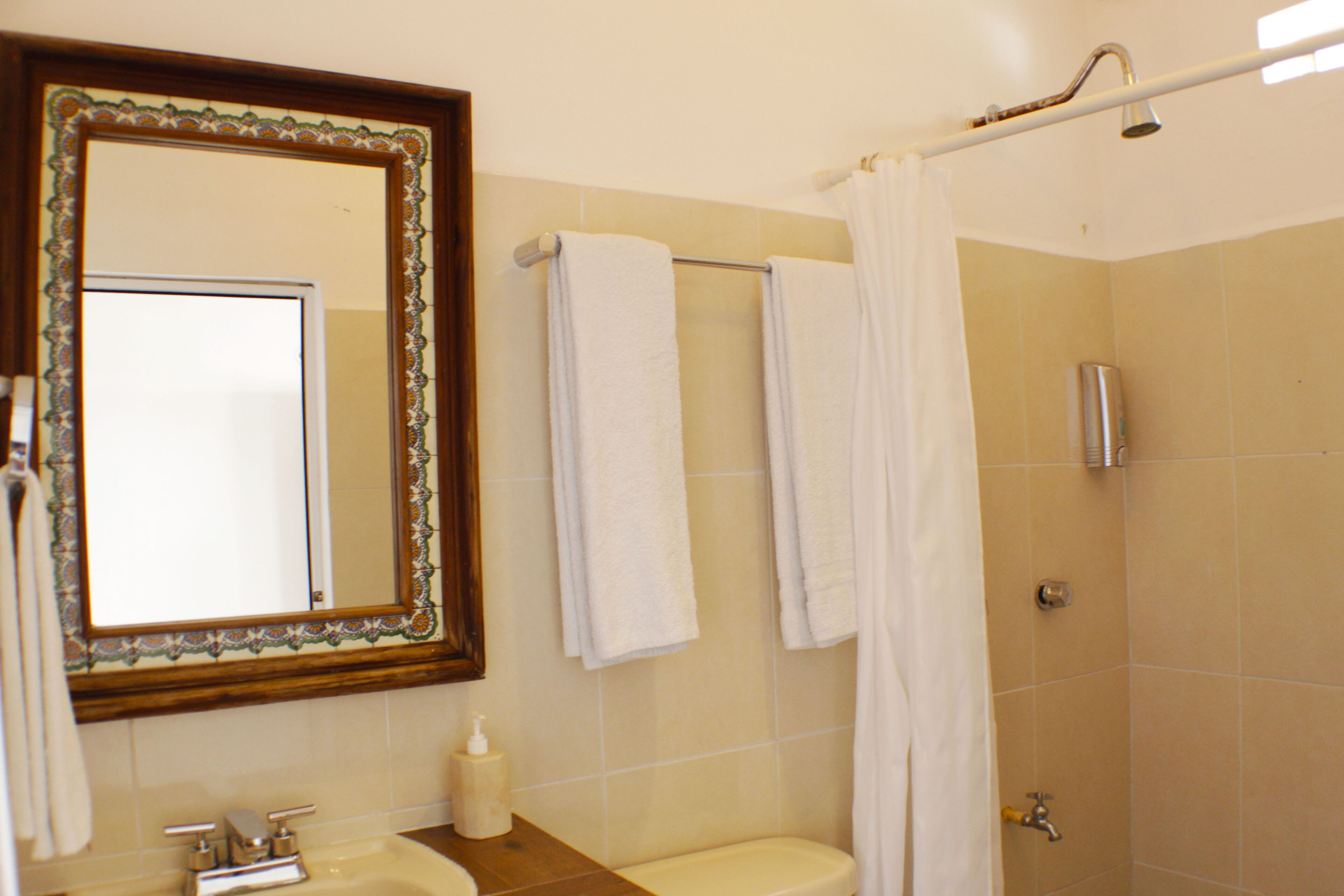 standard room | bathroom | shower, towels, soap, shampoo