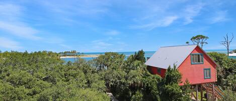 A red house with a metal roof, surrounded by dense green foliage and a clear blue sky.