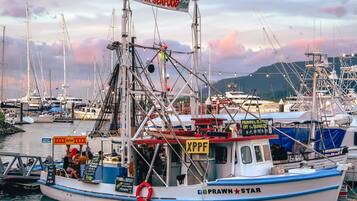 A boat named 'Prawn Star' docked at a marina with a sign advertising 'Fresh Seafood' and 'Prawns & Seafood Off the Trawler'.