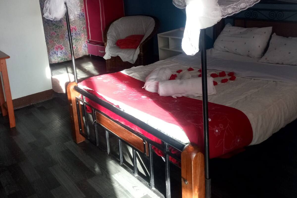Un dormitorio con cama con dosel, cómoda de madera y una silla.