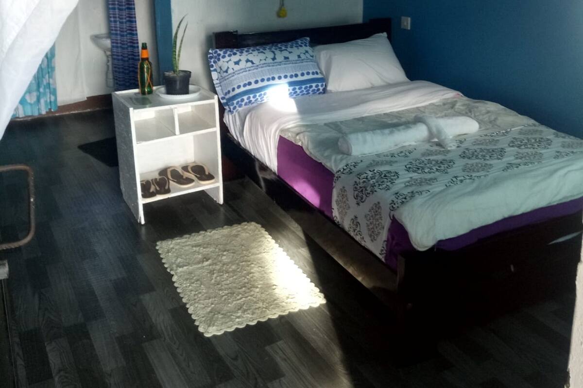 Un dormitorio con cama, mesita de noche, estante pequeño, planta en maceta y lámpara colgante.