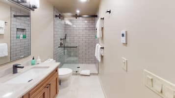 Combined shower/bathtub, hair dryer