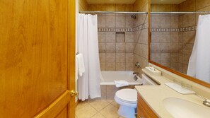 Combined shower/bathtub, hair dryer