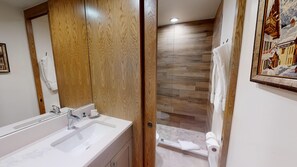 Combined shower/bathtub, hair dryer