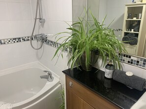 Un baño con bañera, ducha, lavamanos, una planta en maceta y artículos de aseo en la encimera.