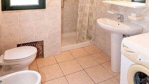 Une salle de bain équipée de toilettes, d’un lavabo, d’une douche et d’un lave-linge.