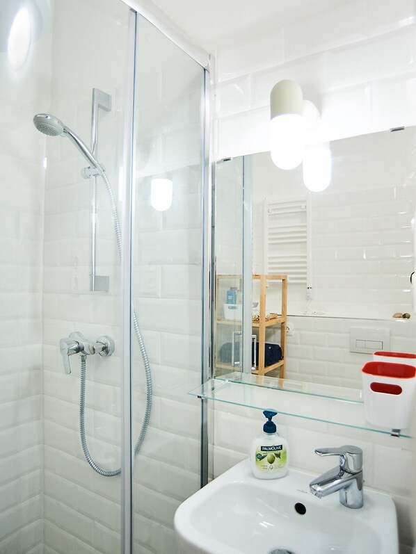 Appartement | Salle de bain | Douche, séchoir à cheveux, serviettes fournies