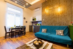 Luxury Apartment | Private kitchen | Full-sized fridge, microwave, stovetop, coffee/tea maker