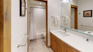 Combined shower/bathtub, hair dryer